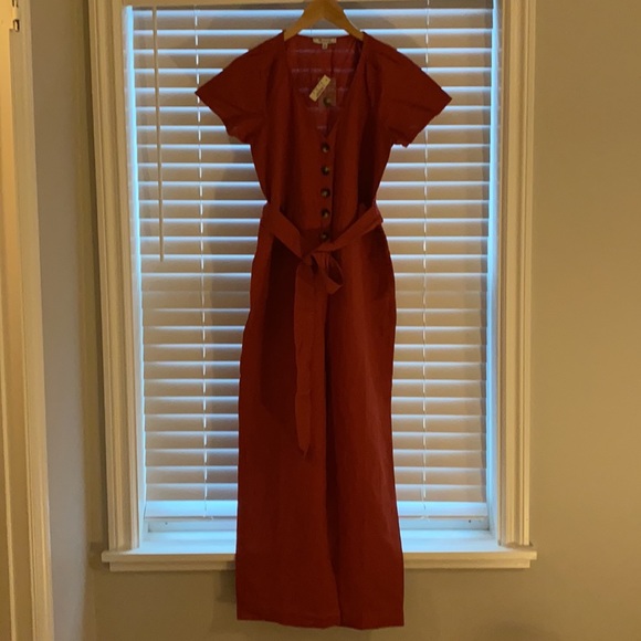 Madewelll Linen-Cotton Pleat-Sleeve Jumpsuit in Dark Cinnabar - Picture 4 of 5